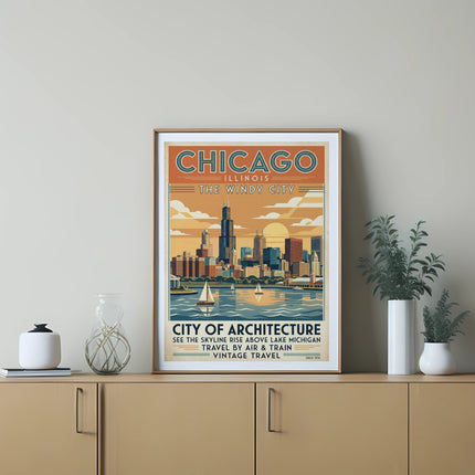 Poster of Chicago skyline, Lake Michigan, and sailboats with text "City of Architecture Since 1930".