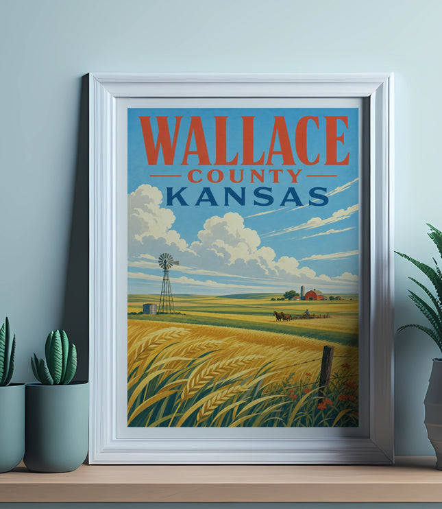 Wallace County Kansas travel poster with farm scene and windmill.