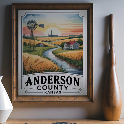 Vintage poster of Anderson County, Kansas with windmill, farm, and wheat fields.