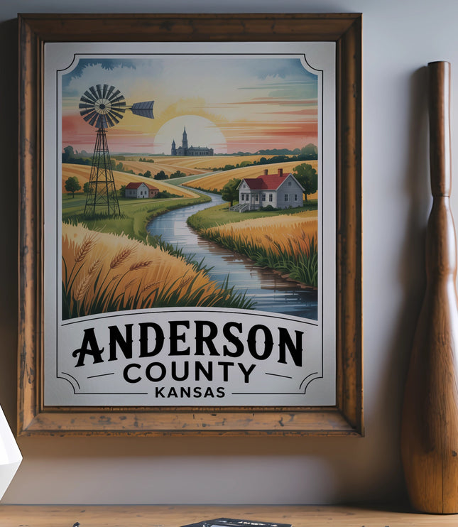 Vintage poster of Anderson County, Kansas with windmill, farm, and wheat fields.