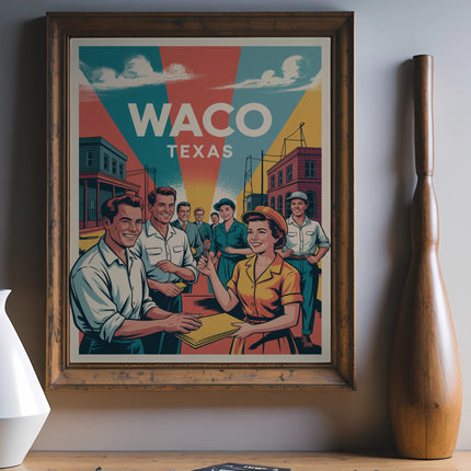 Retro poster of Waco, Texas with people and cityscape.