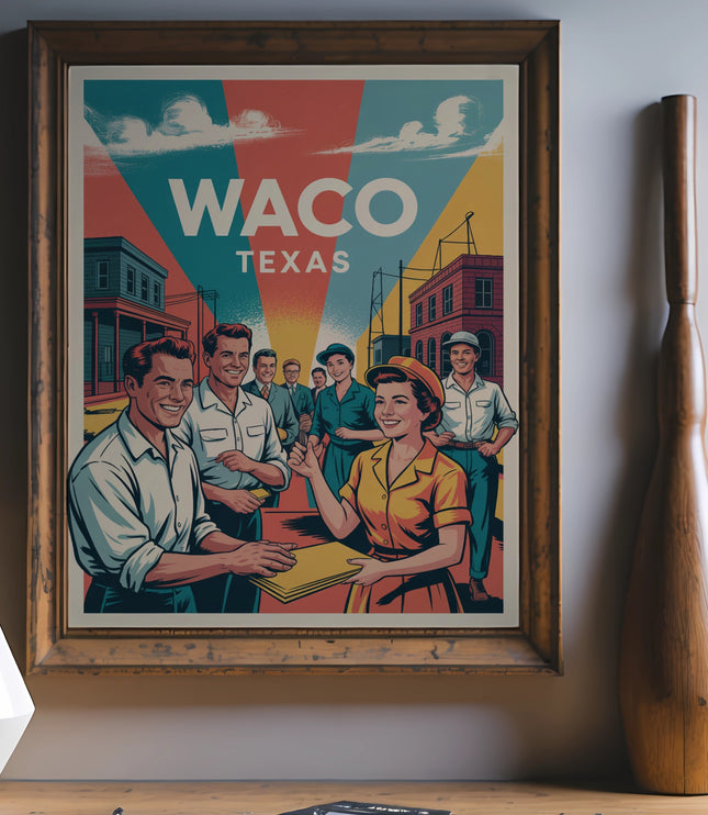 Retro poster of Waco, Texas with people and cityscape.