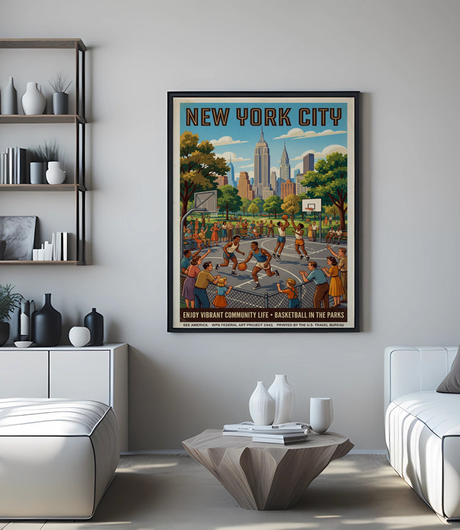New York City poster depicts a basketball game in a park with skyscrapers.