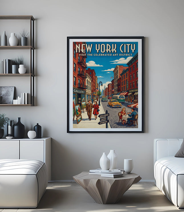 Framed "New York City Visit The Celebrated Art District" poster with street scene.
