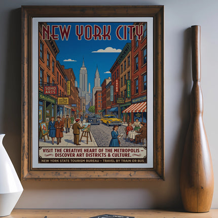 New York City poster with text and art district illustration.