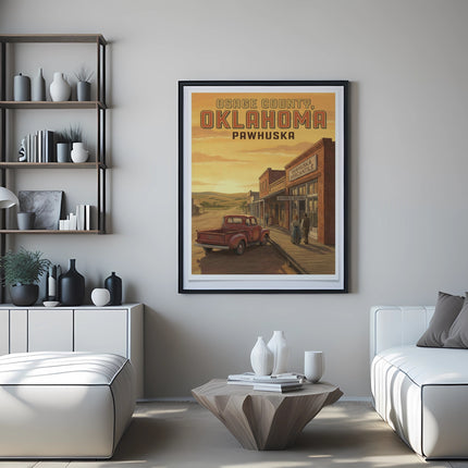 Vintage poster of Osage County, Oklahoma, Pawhuska street scene.