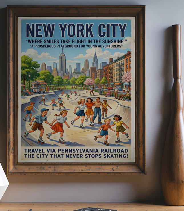Vintage New York City poster featuring roller skaters in a park with skyline.