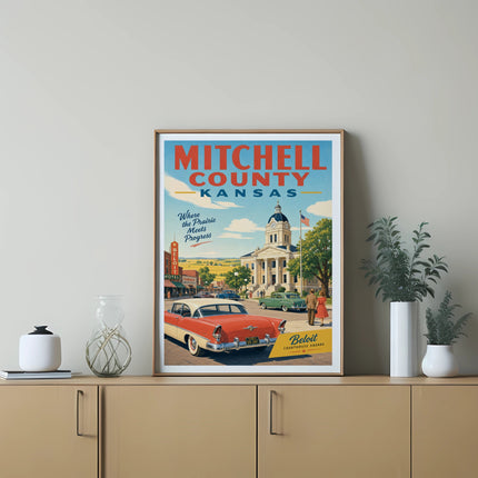 Retro poster featuring Mitchell County, Kansas, courthouse and vintage car.