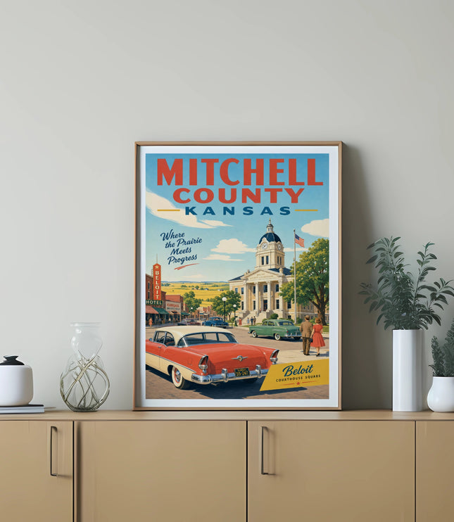 Retro poster featuring Mitchell County, Kansas, courthouse and vintage car.