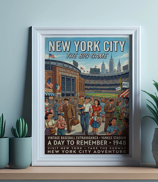 Vintage New York City poster of Yankee Stadium with people and skyline.