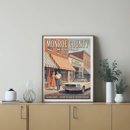 Monroe County Michigan vintage travel poster with couple, convertible, and store.