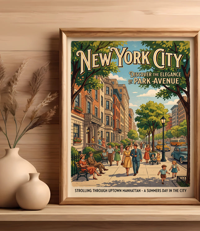 New York City Park Avenue vintage travel poster art.