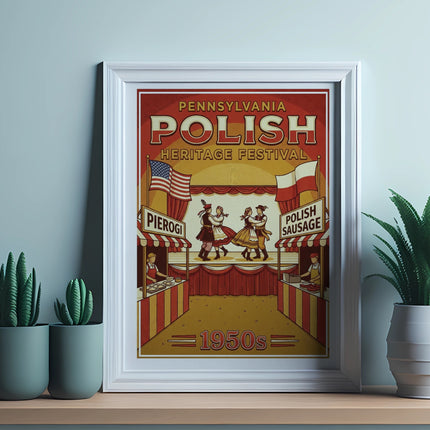 Pennsylvania Polish Heritage Festival poster with dancers, flags, and text "1950s".
