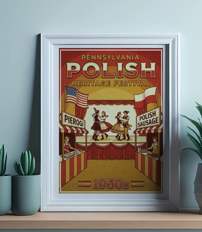 Pennsylvania Polish Heritage Festival poster with dancers, flags, and text "1950s".