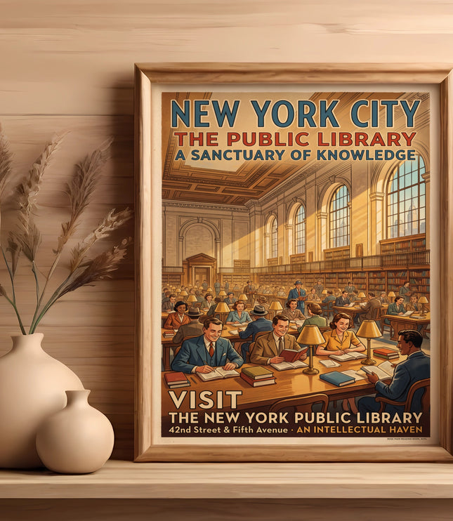 Vintage poster of New York City Public Library's Rose Main Reading Room.