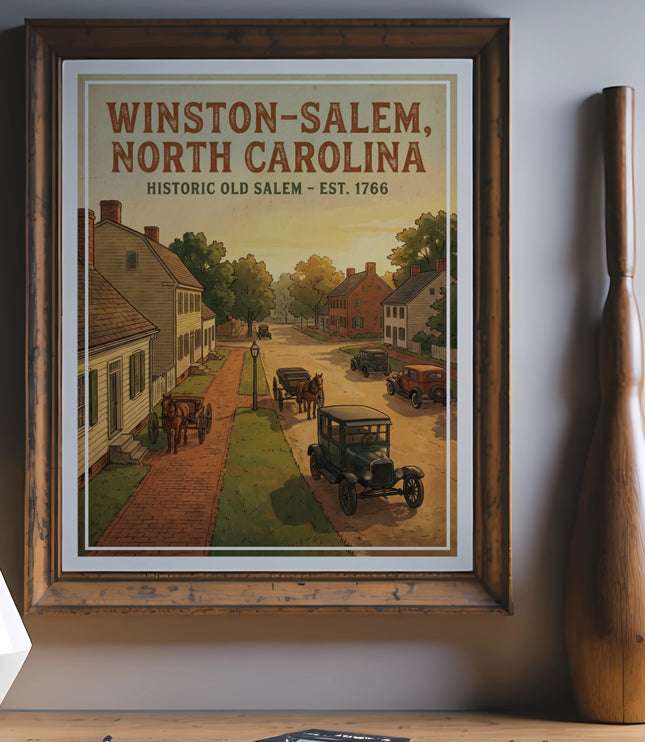 Winston-Salem, North Carolina Historic Old Salem est. 1766 framed print with vintage street scene.
