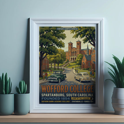 Wofford College poster with vintage cars and buildings. Spartanburg, SC.