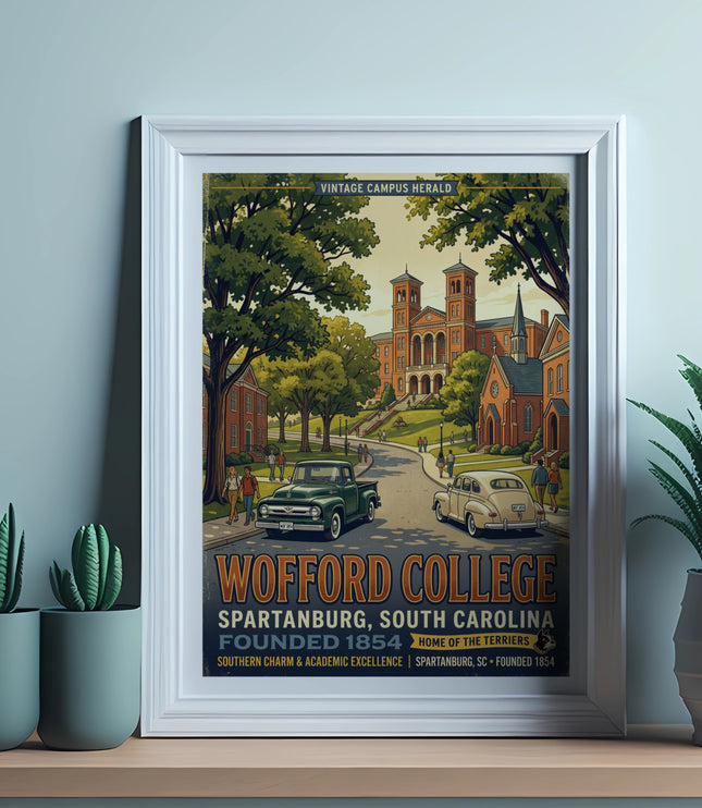 Wofford College poster with vintage cars and buildings. Spartanburg, SC.