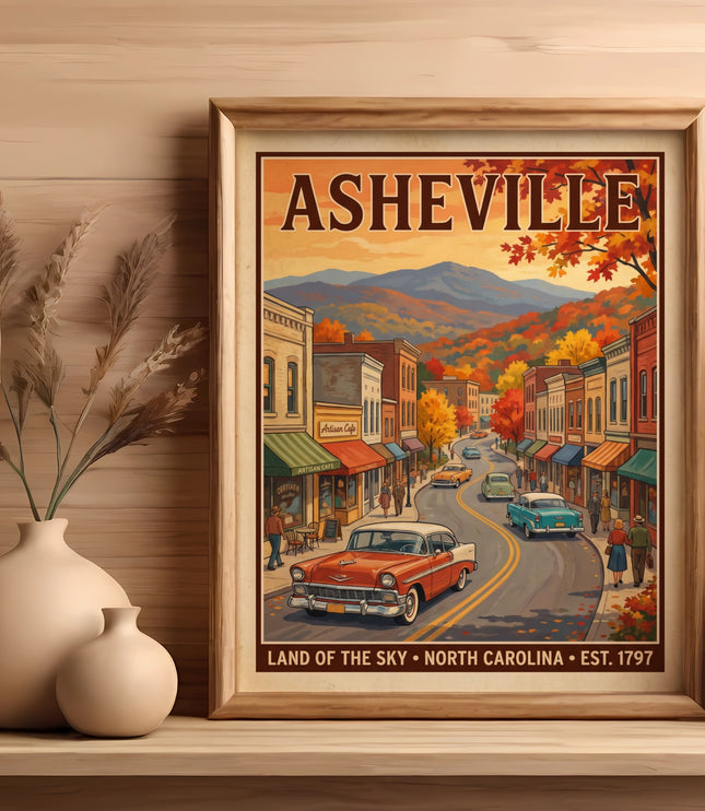 Asheville vintage travel poster with autumn scenery and classic cars.