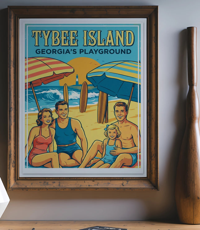 Tybee Island Georgia's Playground framed print with beach scene and family.