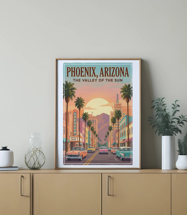 Phoenix, Arizona vintage travel poster with palm trees and classic cars.