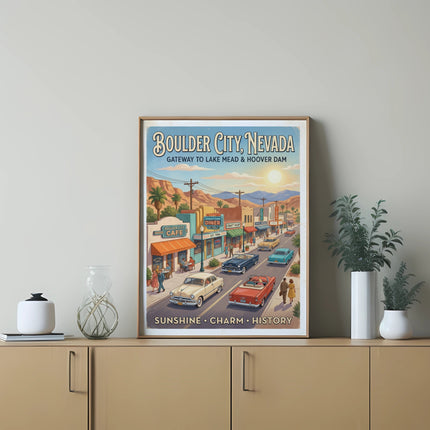 Retro travel poster for Boulder City, Nevada, with vintage cars.