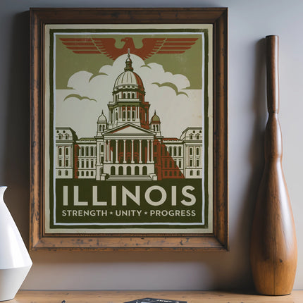Illinois State Capitol building vintage poster with text strength unity progress.