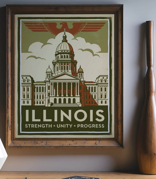 Illinois State Capitol building vintage poster with text strength unity progress.