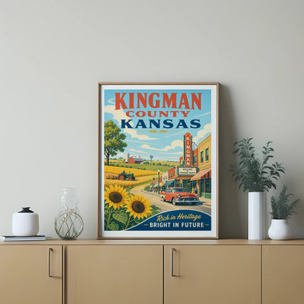 Vintage Kingman County Kansas travel poster featuring a red car and sunflowers.