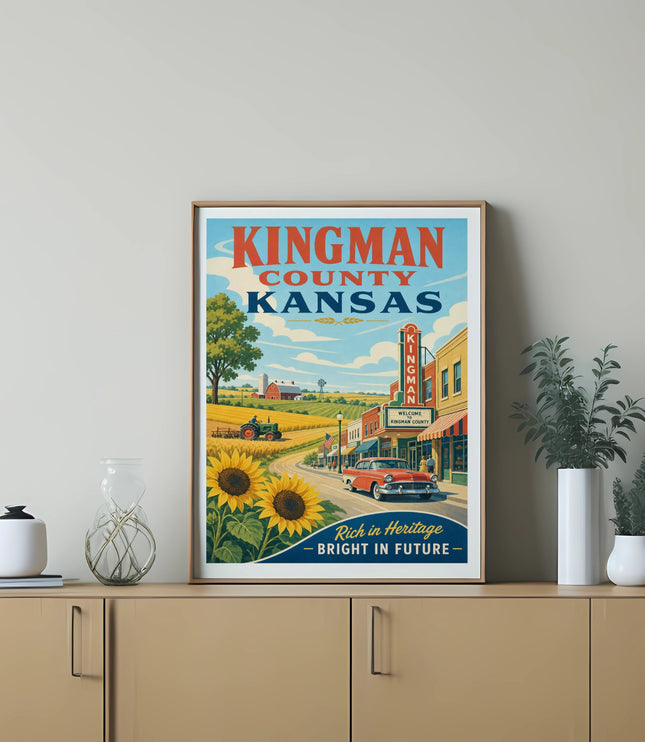 Vintage Kingman County Kansas travel poster featuring a red car and sunflowers.