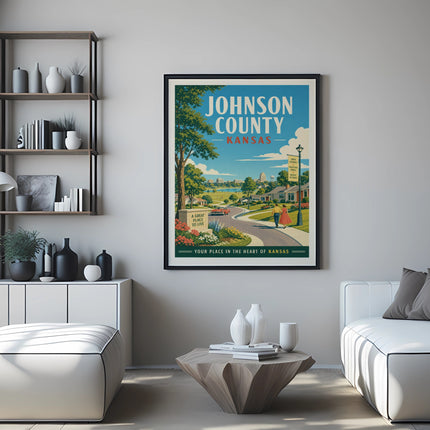 Johnson County Kansas travel poster featuring a suburban scene and text.