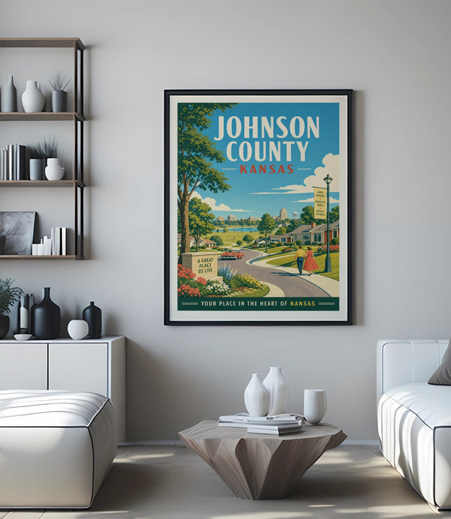 Johnson County Kansas travel poster featuring a suburban scene and text.