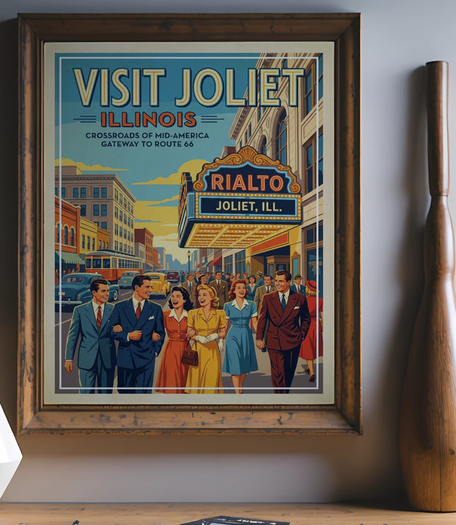 Vintage poster for Visit Joliet, Illinois, featuring the Rialto Theatre and people walking.