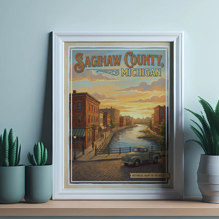 Saginaw County, Michigan vintage-style poster depicting a riverwalk scene at sunset.