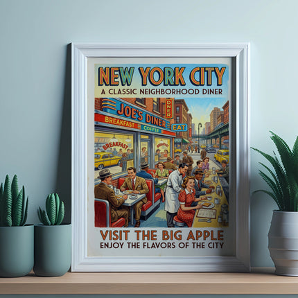 New York City Joe's Diner vintage poster with people eating and text.
