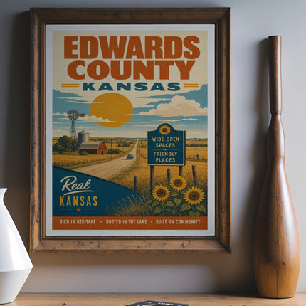 Edwards County Kansas poster with rural landscape and text.