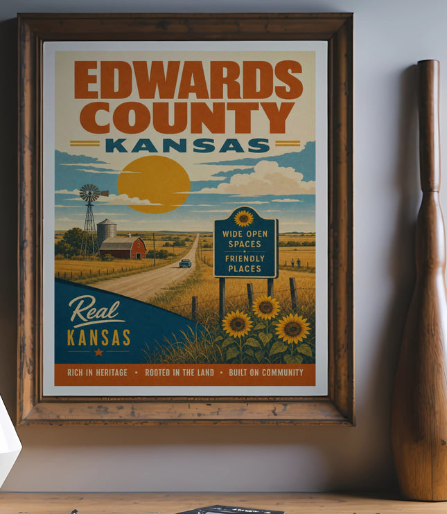 Edwards County Kansas poster with rural landscape and text.