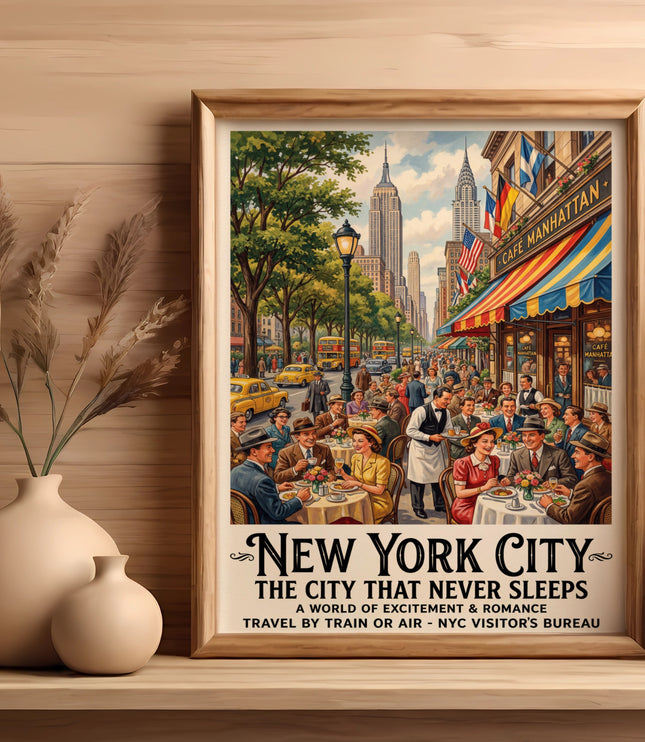 Vintage poster of "New York City" with Empire State Building and cafe scene.