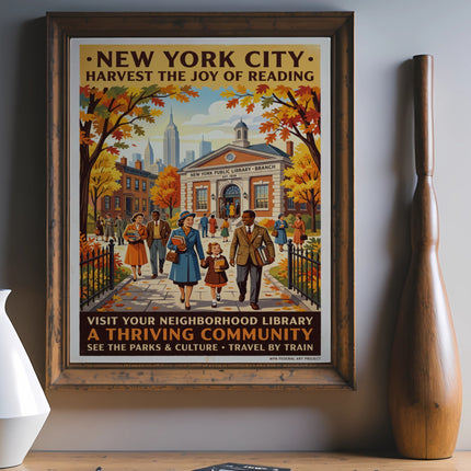New York City Public Library poster promoting reading, community, and local attractions.