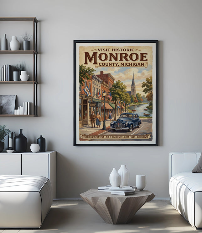Vintage poster of Monroe County, Michigan, featuring a historic street scene with car.