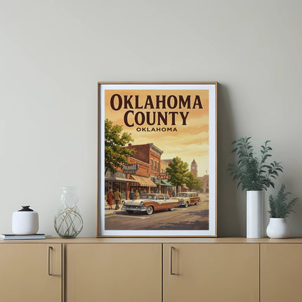 Vintage Oklahoma County poster depicting a street scene with retro cars and buildings.