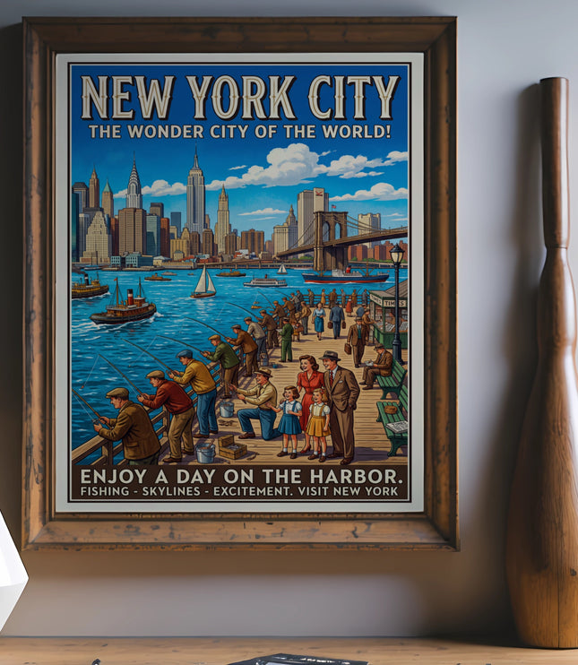 New York City poster with skyline, Brooklyn Bridge, boats, and people fishing.