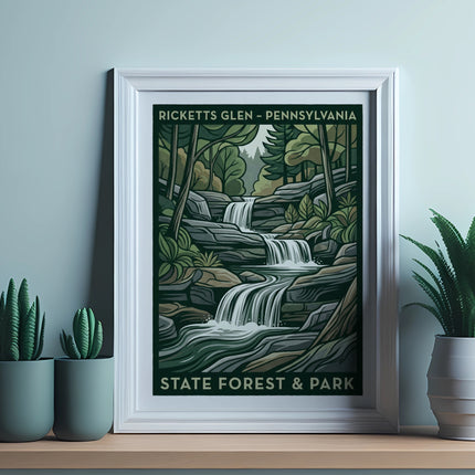 Ricketts Glen State Forest Pennsylvania waterfall scene with text.