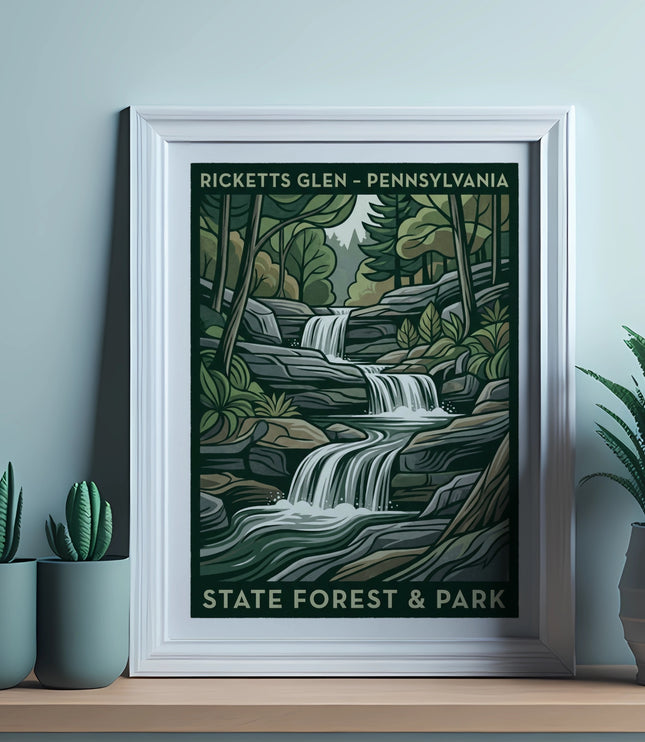 Ricketts Glen State Forest Pennsylvania waterfall scene with text.