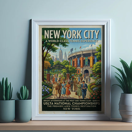 New York City tennis poster with Forest Hills stadium and people.