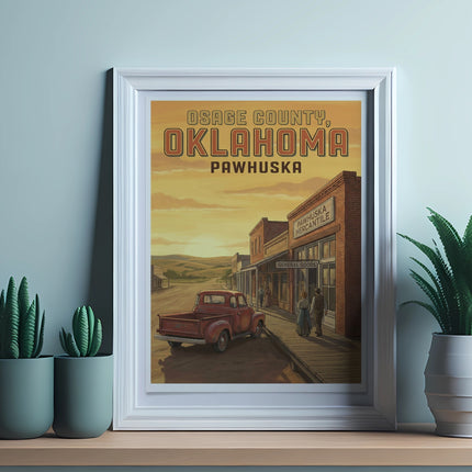 Vintage style poster features Osage County, Oklahoma, Pawhuska, with a red truck and general store.