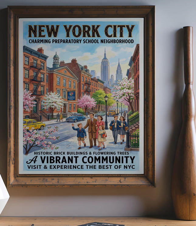 New York City vintage poster of a family in a charming neighborhood.