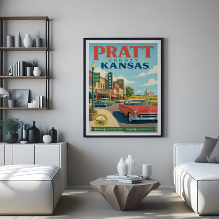 Vintage Pratt County Kansas travel poster with classic car and town buildings.