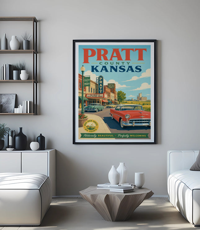 Vintage Pratt County Kansas travel poster with classic car and town buildings.