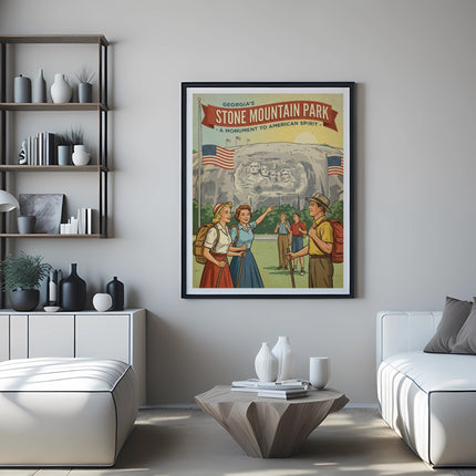 Vintage poster with Mount Rushmore and hikers, promoting Georgia's Stone Mountain Park.